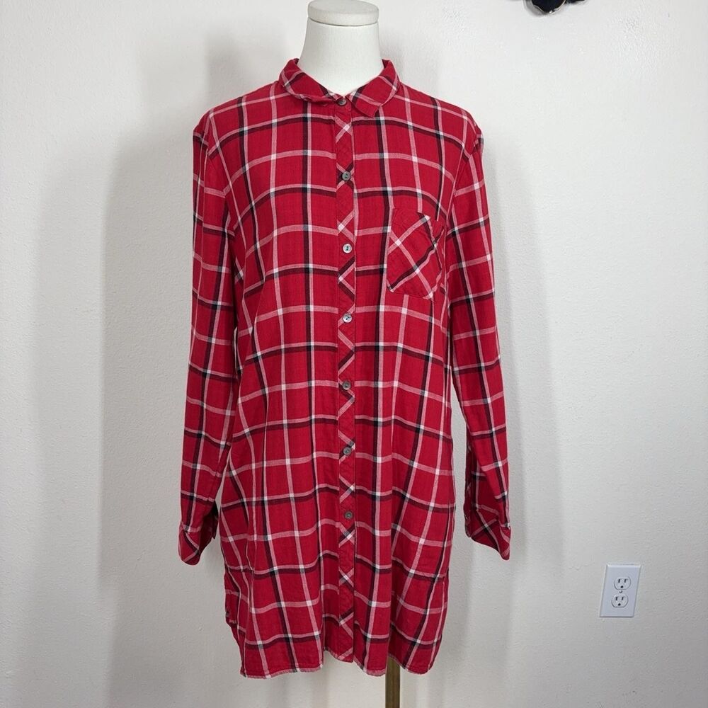 J Jill Shirt Dress Women Large Red Plaid Flannel Pockets Fall Winter Casual Cozy